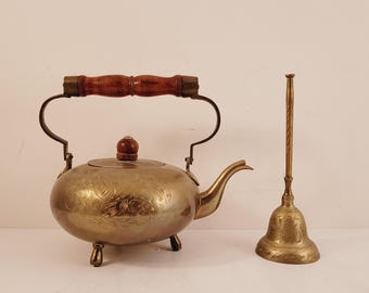 Vintage Etched Brass Teapot and Bell SOLD SEPARATELY