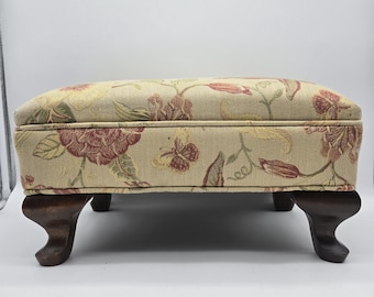 Vintage Floral Footstool Ottoman Botanical Tapestry Upholstered Wood Cabriole Legs Butterflies Dragonfly