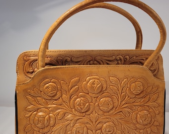 Vintage Tooled Leather Handbag Purse Bag Made in Mexico