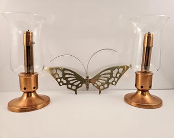 Vintage Brass Butterfly and Hutton&#39;s Metalcrafts Style Copper Candle Holder with Chimney-9 inches tall