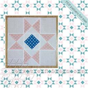 Op de afbeelding: Een quiltblokpatroon met een witte achtergrond en roze en blauwe stofvierkanten met witte stippen. Het midden van het blok heeft een blauw vierkant met witte stippen. De tekst "PDF pattern for sale" en "staceyscraftdesigns.com" is zichtbaar in de afbeelding.