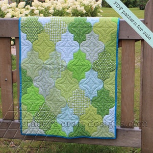 Op de afbeelding: Een groen en blauw quilt met een geometrisch patroon. De quilt hangt aan een houten hek. De tekst "PDF pattern for sale" is zichtbaar in de rechterbovenhoek van de afbeelding. De tekst "staceyscraftdesigns.com" is zichtbaar in de rechterbenedenhoek van de afbeelding.