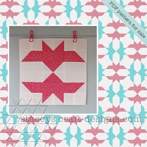 Op de afbeelding: Een rood en wit quiltblok met een stervormig ontwerp. Het blok bevindt zich op een lichtblauwe achtergrond. De tekst "PDF pattern for sale" staat in de rechterbovenhoek van de afbeelding. De tekst "staceyscraftdesigns.com" staat onderaan de afbeelding.