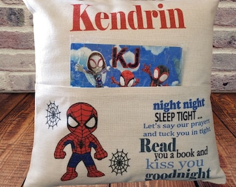 Book Pillow, Personalized Pocket Reading Pillow, Story book Pillow, Birthday Gift, Baby shower Gift, Christmas Gift, Spidey Pillow, Boy Gift
