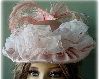 Victorian/Edwardian Style Designer Pink Lace & Feathers Kentucky Derby Hat