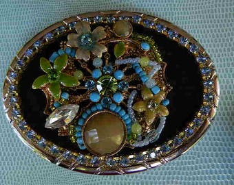 Wearable Art Suede Rhinestone Boho Steampunk Belt Buckle