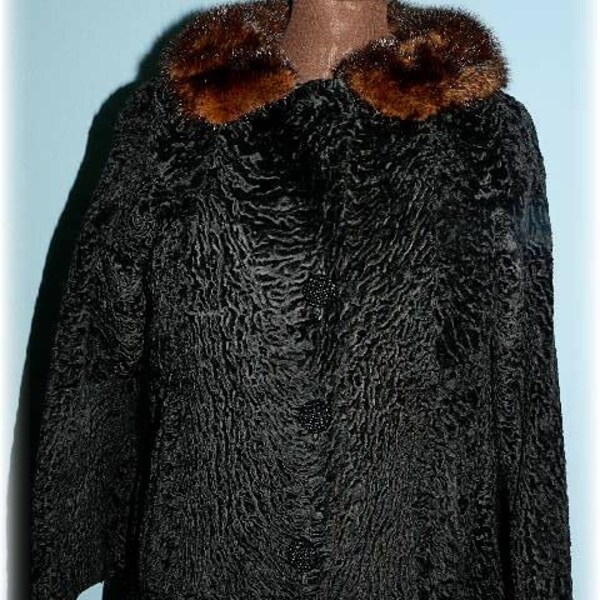 Black Curly lamb Jacket with Brown Mink Collar