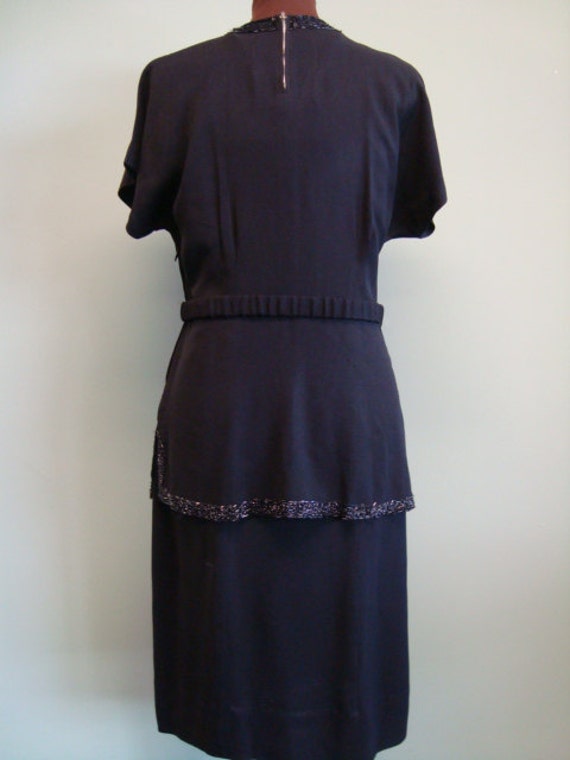 1940s Black Crepe Short Vintage Dress with Beaded… - image 2