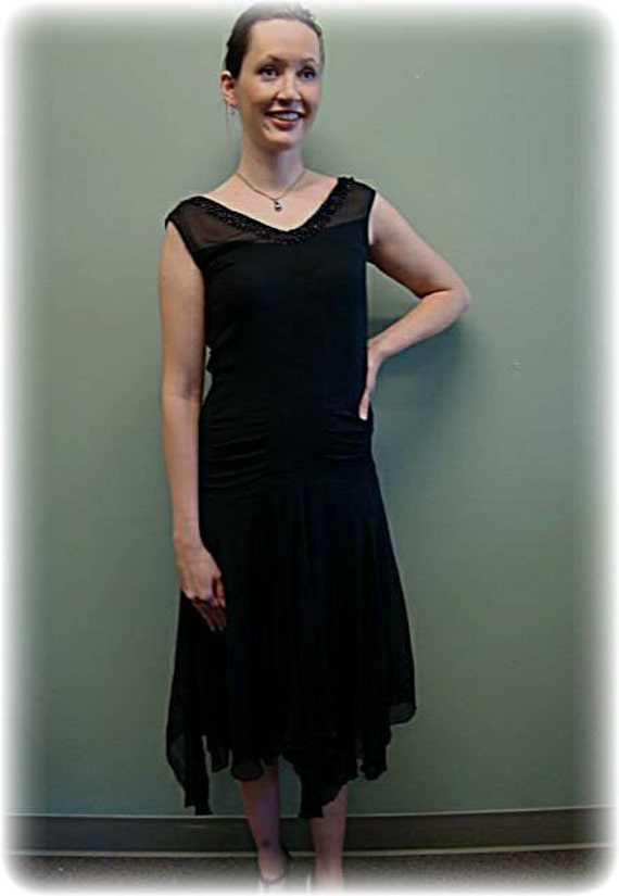 1920's Vintage Black Silk Chiffon Art Deco Hanker… - image 1