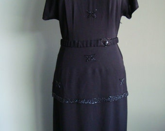 1940s Black Crepe Short Vintage Dress with Beaded Trim