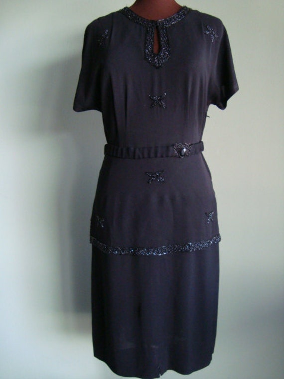 1940s Black Crepe Short Vintage Dress with Beaded… - image 1