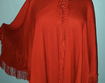 MINK COLLAR  SHAWL/ Holiday Caroling Cape/Steampunk/Red Shawl with Fringe, Red Fringed Shawl with mink collar