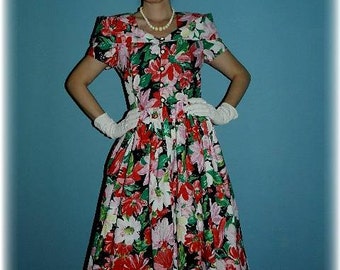 Vintage 1950-60’s Style Cotton Floral Swing Dress with Cowl Collar