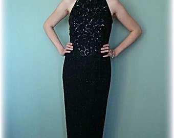 Retro Vintage Black beaded halter dress