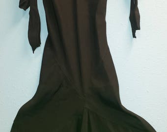 Bias cut black crepe 1930's evening dress