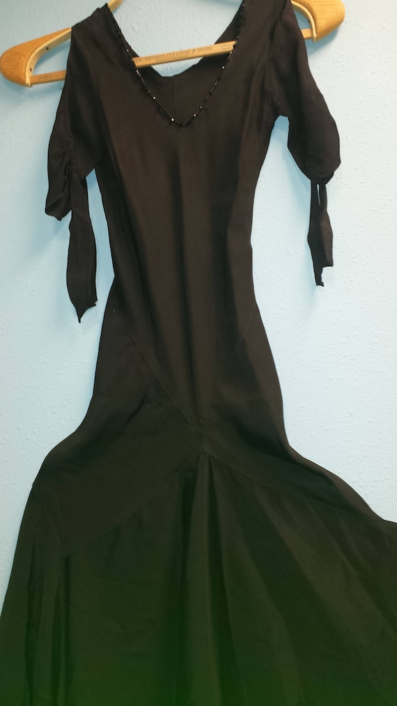 Bias cut black crepe 1930's evening dress