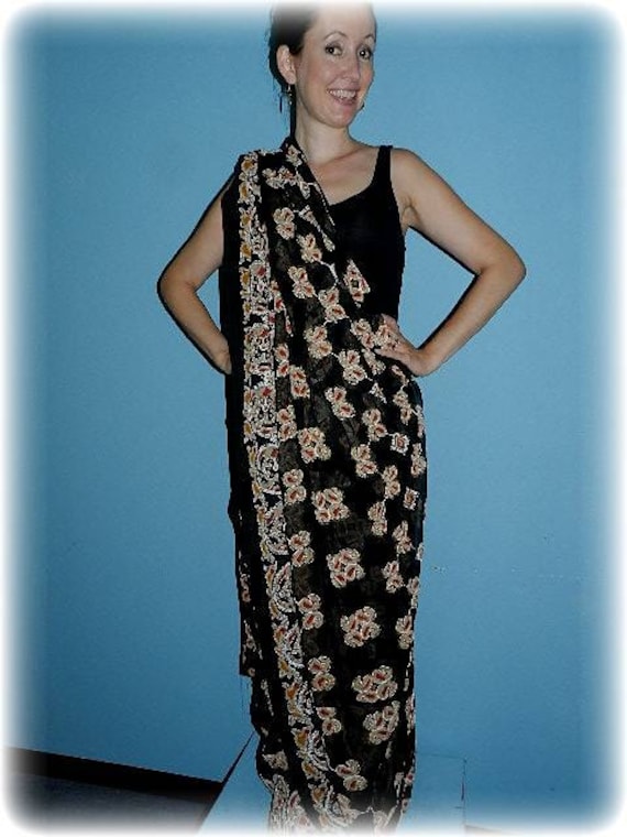 Vintage Black Silk and Embroidered Indian Sari