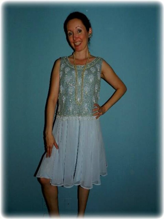 1920's Style Plus Size Blue Chiffon & Beaded Retro