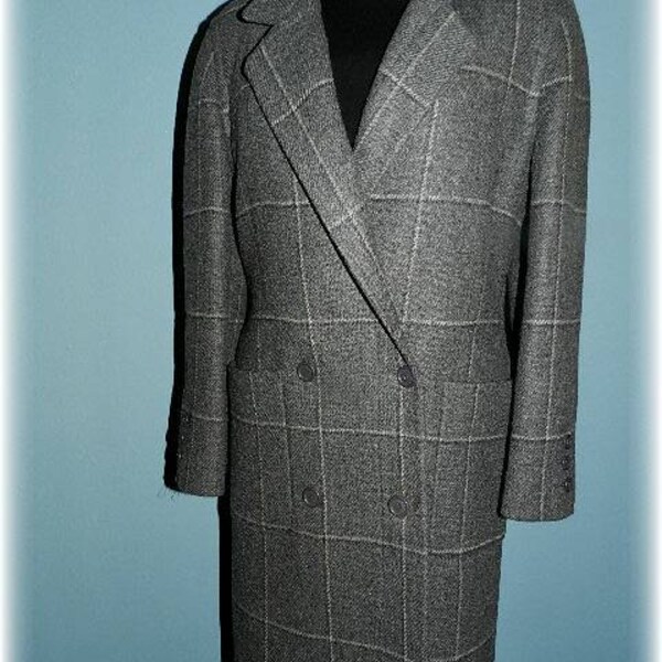 Gray Wool Plaid Coat by Designer Harvey Bernard