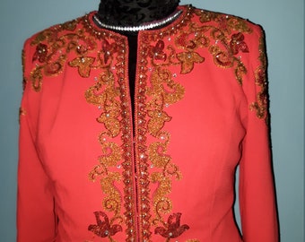 OLI CASSINI Red Beaded JACKET/ Holiday Apparel/Vintage 70’s  Jacket/ Plus size outerwear/New Years Eve jacket/Beaded Bolero Jacket