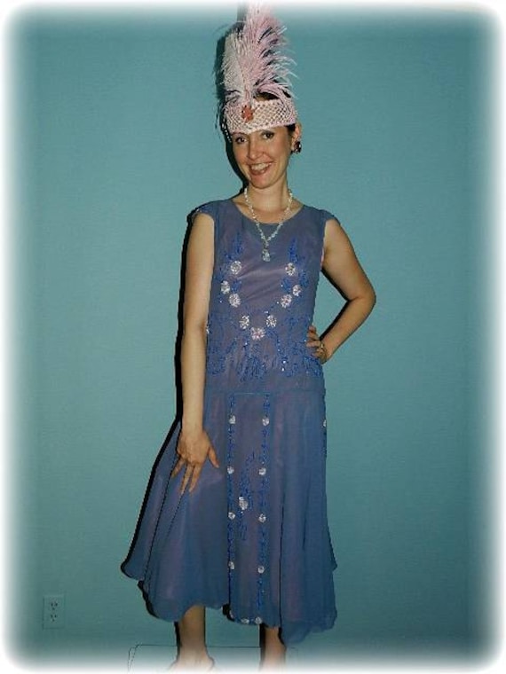 1920 Periwinkle blue silk Gatsby Flapper beaded dr