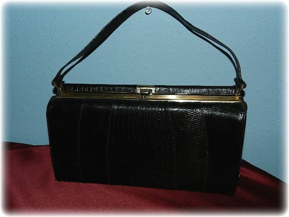 Vintage 40-50's faux Black Reptile Purse - image 1