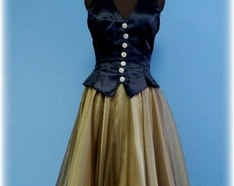 Designer Vintage Black & Gold Tuxedo Halter Prom  Evening Dress