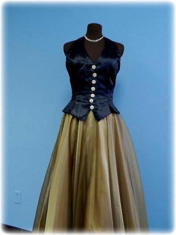 Designer Vintage Black & Gold Tuxedo Halter Prom  