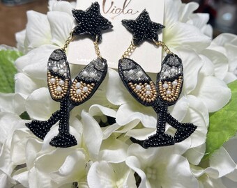 New Years Champagne Glass Toast Beaded Seeded Earrings