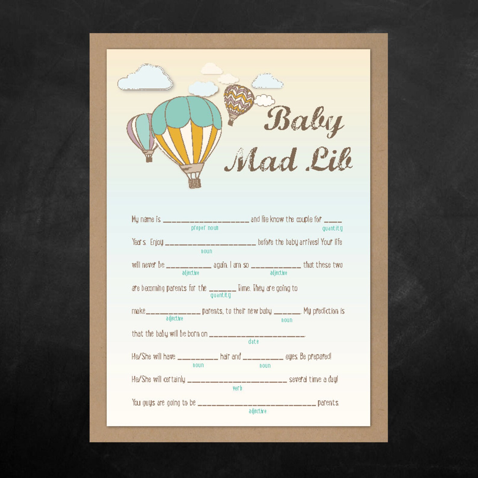 Instant Download Baby Shower Mad Lib Game Air Balloon Themed Shower