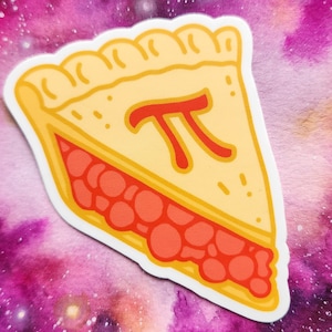 May include: A yellow pie with a red cherry filling and a red "π" symbol on top. The pie is on a pink and purple background.