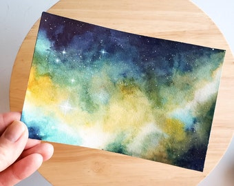 Original Art // Blue and yellow galaxy space art, nebula watercolor painting