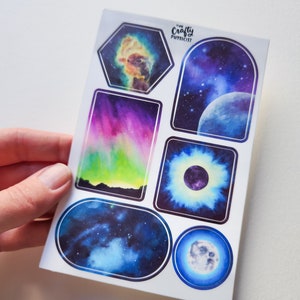 Stickerbogen/ Astronomie Aquarell Aufkleber, Sonnenfinsternis, Polarlichter, Nebel