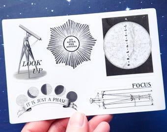 Hoja de pegatinas // Calcomanías de vinilo vintage en blanco y negro con motivos astronómicos