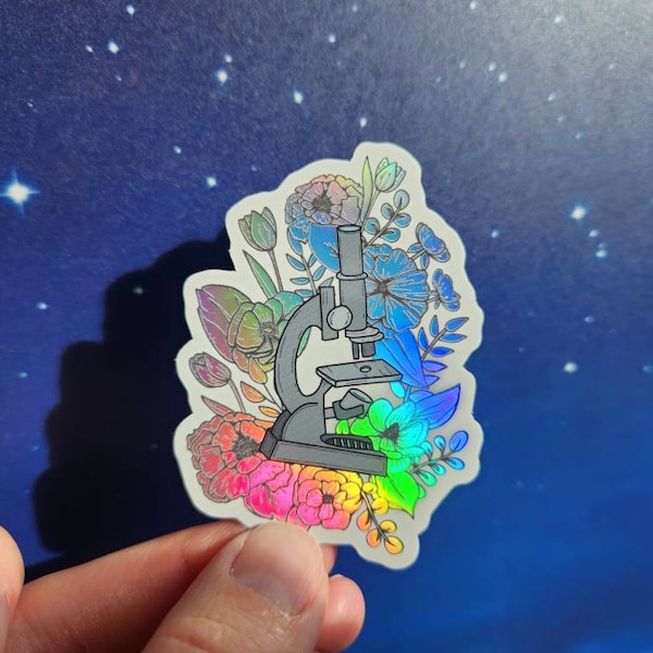 Sticker // Microscope and flowers holographic vinyl sticker, science chemistry art