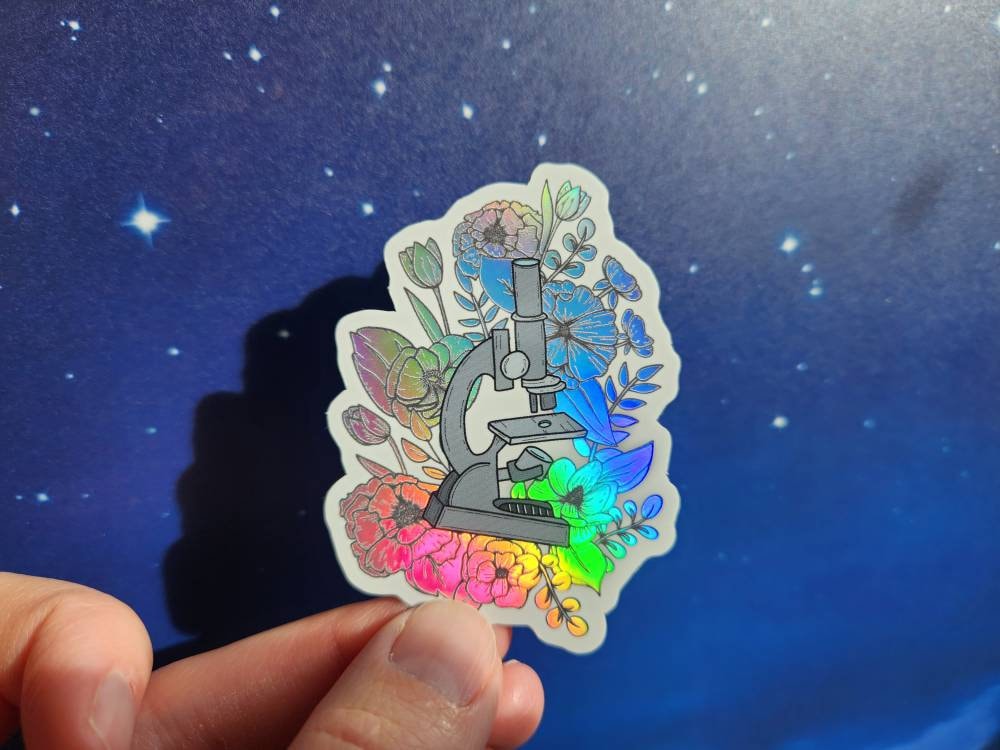 Microscope Room Sticker Sticker // Microscope and Flowers Holographic Vinyl Sticker, Science ...