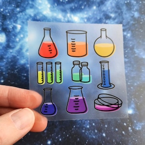 Sticker // Chemistry glassware rainbow array, science collection vinyl decal, laptop water bottle scientist gift