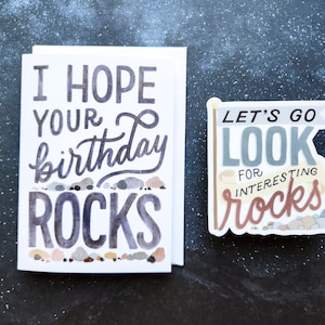 Tarjeta y pegatina // Tarjeta de felicitación de cumpleaños de geología y paquete de vinilos, regalo de sabueso de rock