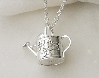 Watering Can, with flowers, old-fashioned vintage inspired gardener's necklace in solid silver