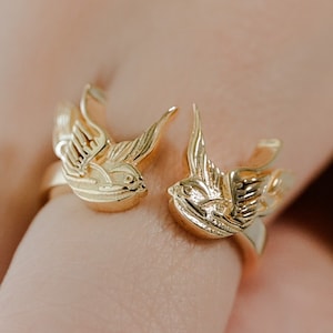 Swallow Ring: Adjustable Sterling Silver or Gold Plated, Sailor Tattoo Style