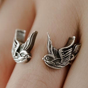 Swallow Ring  Adjustable Solid Silver or 18k Gold Plate, inspired by old Sailor Tattoos, Thumb Ring