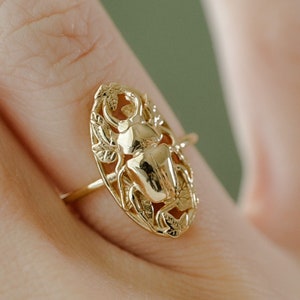 Stag Beetle Ring Nestled in a Bed of Ivy, Sterling Silver, Vermeil, and 14K Gold Plate