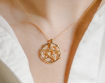 Floral Pentagram Pendant Necklace in 14k Solid Gold, Sterling Silver, Vermeil, of 14K Gold Plate