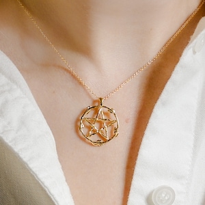 Floral Pentagram Pendant Necklace in 14k Solid Gold, Sterling Silver, Vermeil, of 14K Gold Plate