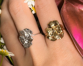 Pansy Flower Ring in Sterling Silver and 14k Gold Plate