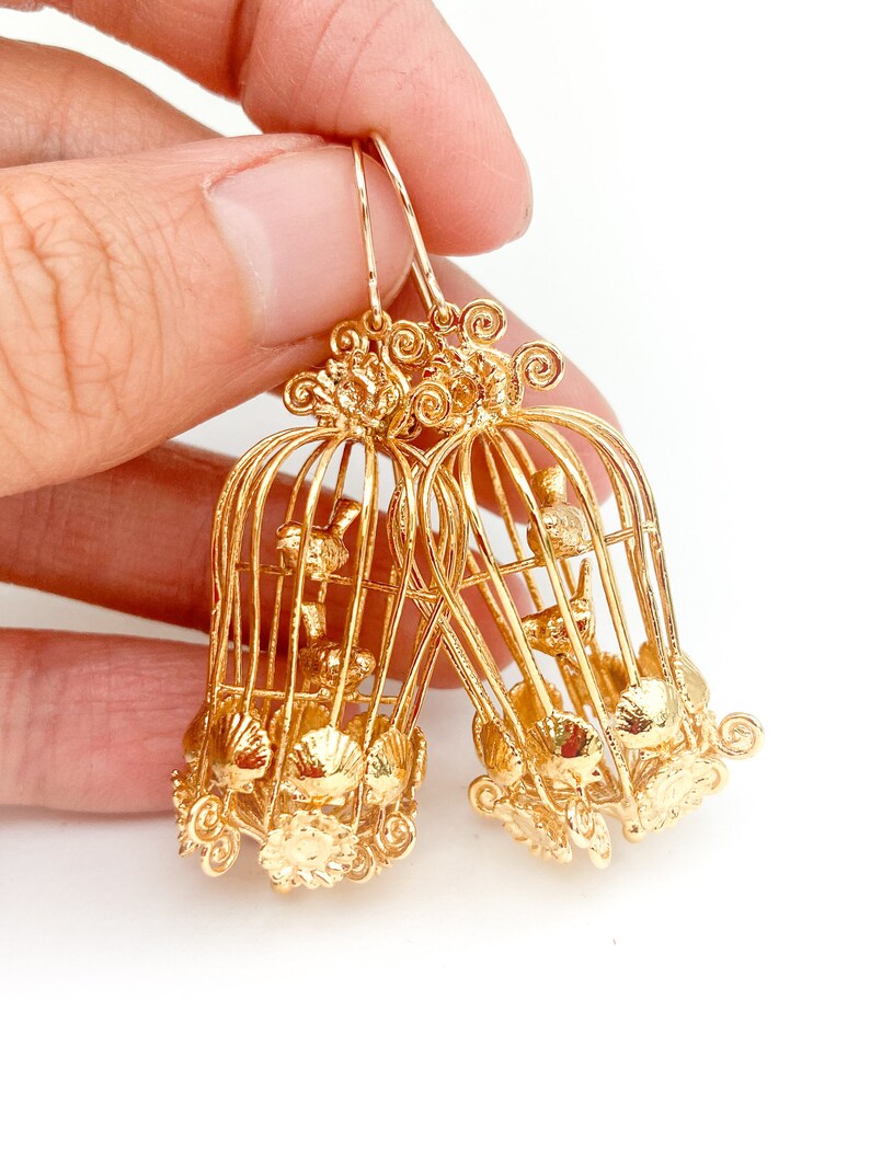 18k Gold Birdcage Earring Vintage Inspired Bird Earrings Etsy