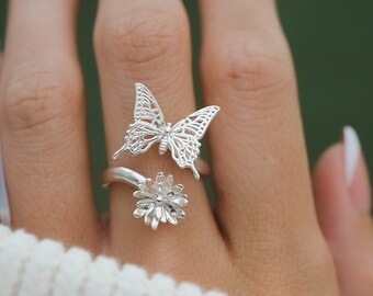 Butterfly and Daisy Flower Ring, Adjustable Ring, in Solid Silver, 18K Gold Plate, or Vermeil