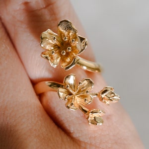 Cherry Blossom Adjustable Wrap Ring in Solid Silver, Vermeil, or 18k Gold Plate