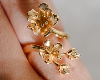 Cherry Blossom Adjustable Wrap Ring in Solid Silver, Vermeil, or 18k Gold Plate