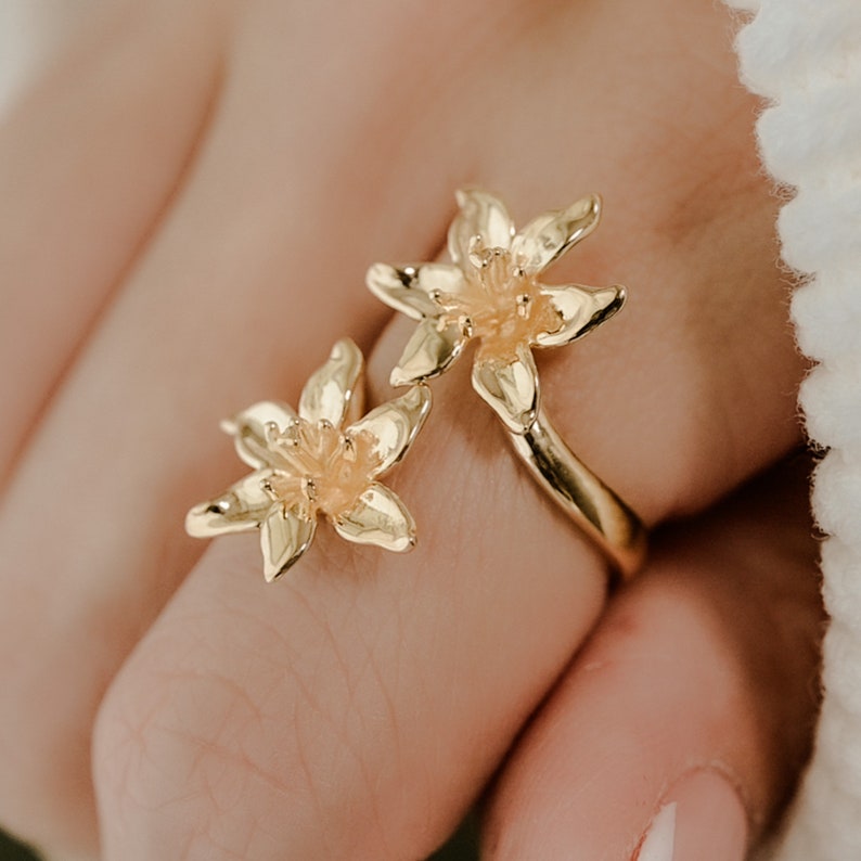 Lily Flower Ring, Adjustable Statment Ring in Sterling Silver, Vermeil, and 18K Gold Plate image 5